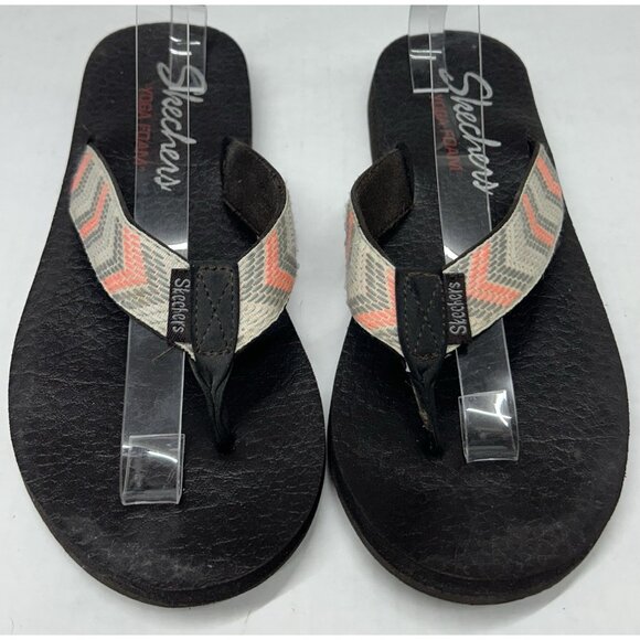 Skechers Yoga Foam Sandals flip flops Womens 10.5 Brown Gray Coral Chevron - Picture 3 of 9